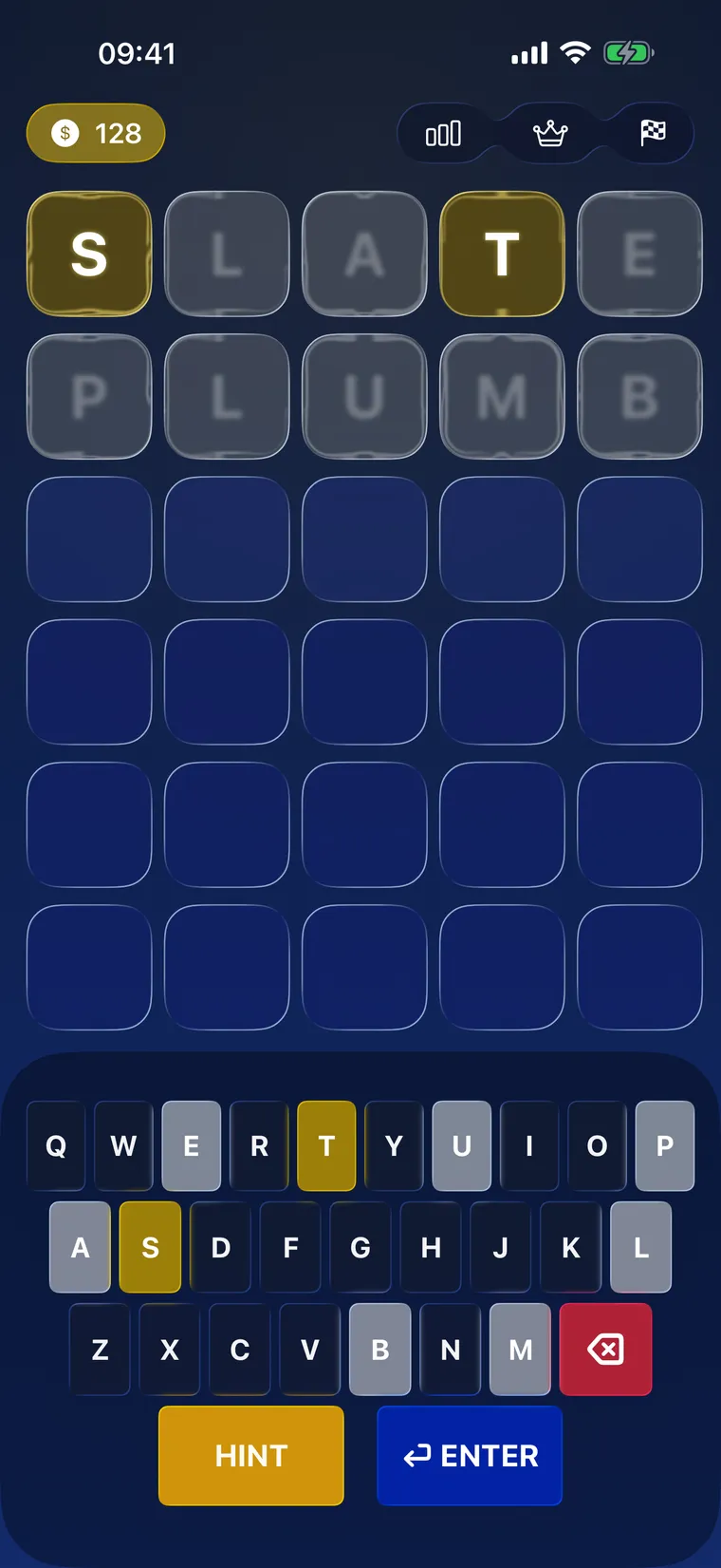 Daily Challenge puzzle in Word Challenge with colour-coded letter tiles