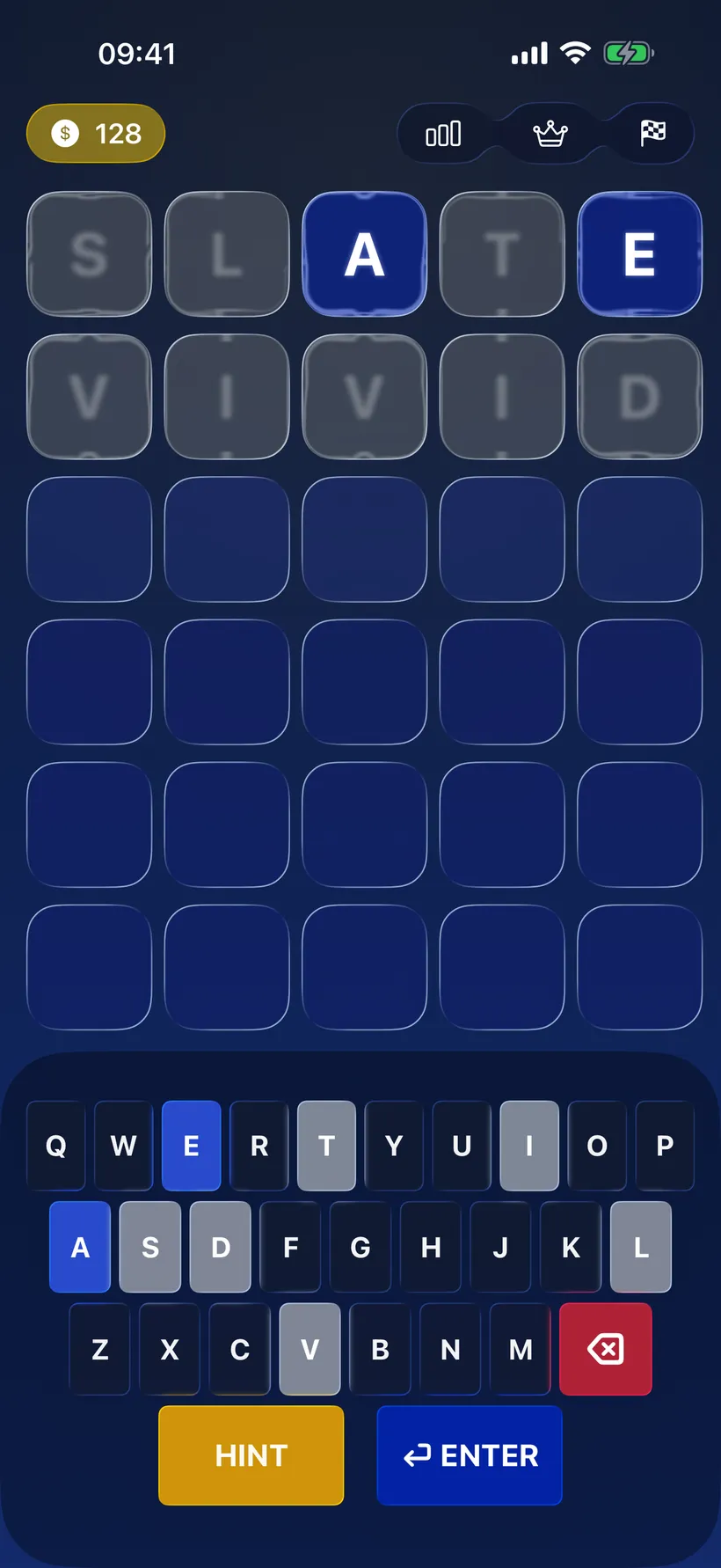 Word Challenge gameplay — guessing the hidden word on a colour-coded letter board