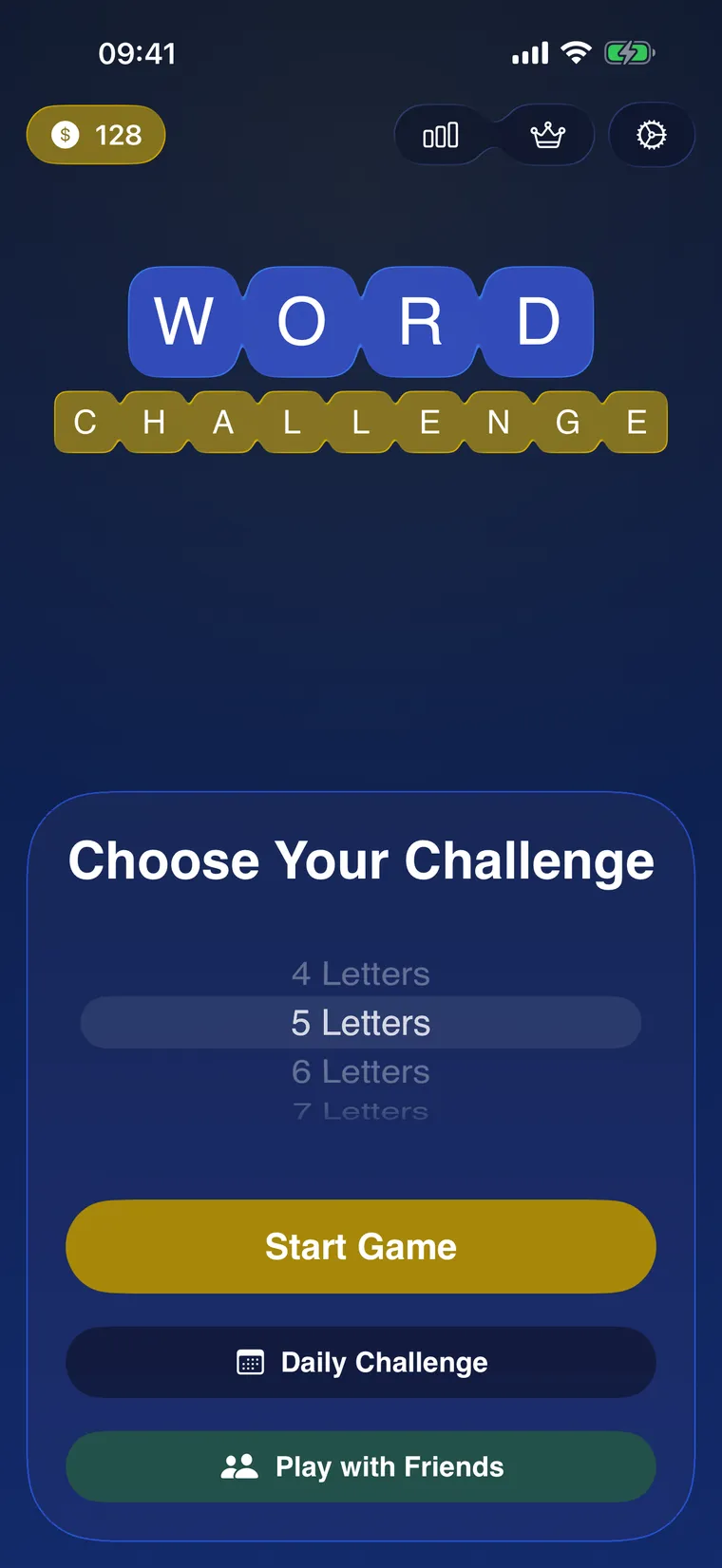 Word Challenge home screen with Classic, Daily Challenge, and Play with Friends modes