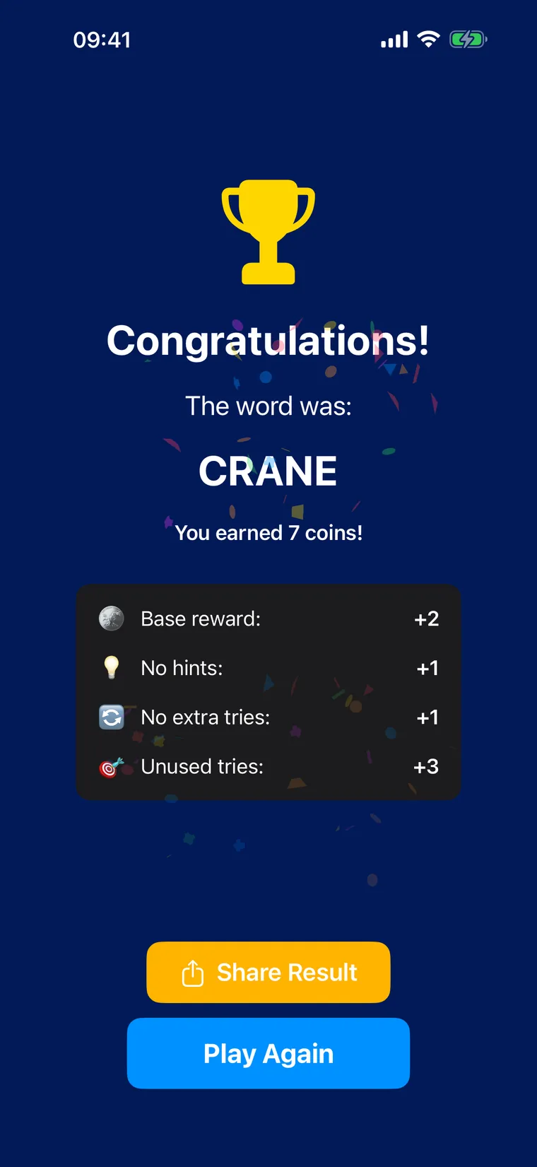Win screen in Word Challenge revealing the word CRANE with coins earned